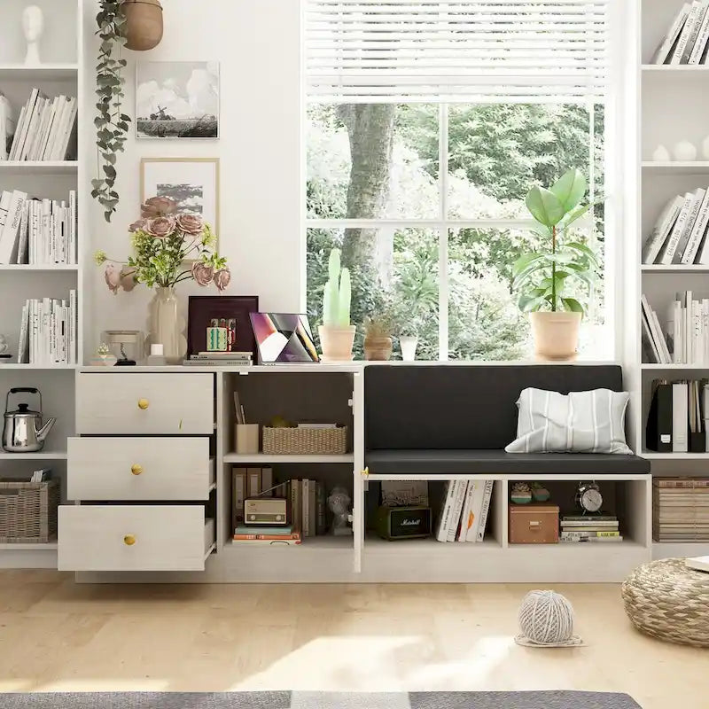 White Storage Bench with Black Cushion, 3 Drawers and Open Shelves