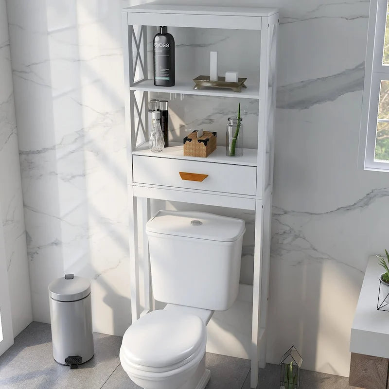 White Over-the-Toilet Storage Cabinet with Drawer and Open Shelves