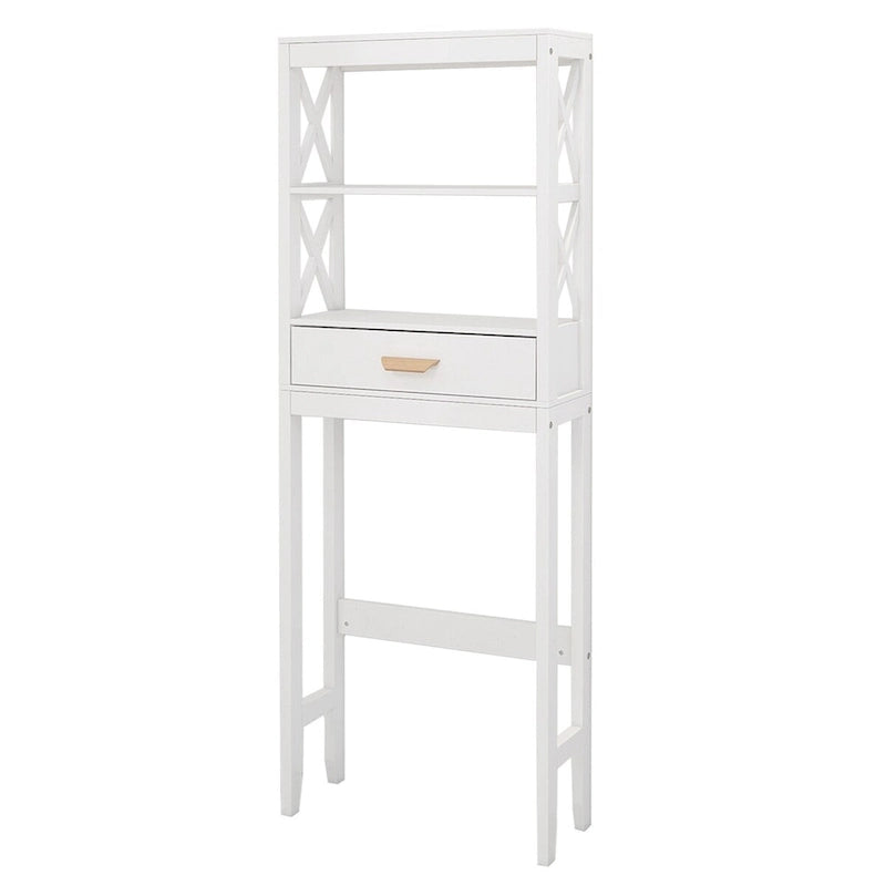 White Over-the-Toilet Storage Cabinet with Drawer and Open Shelves