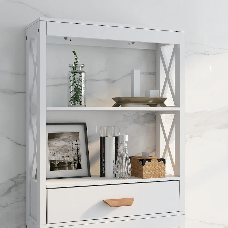White Over-the-Toilet Storage Cabinet with Drawer and Open Shelves