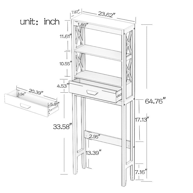 White Over-the-Toilet Storage Cabinet with Drawer and Open Shelves