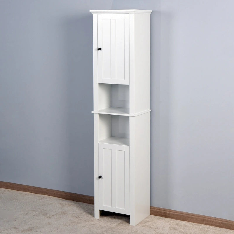 Freestanding White Wood Bathroom Storage Cabinet with Open Shelves and Doors