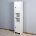 Freestanding White Wood Bathroom Storage Cabinet with Open Shelves and Doors