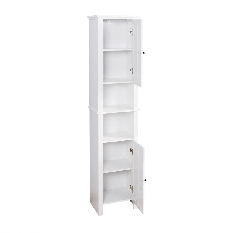 Freestanding White Wood Bathroom Storage Cabinet with Open Shelves and Doors