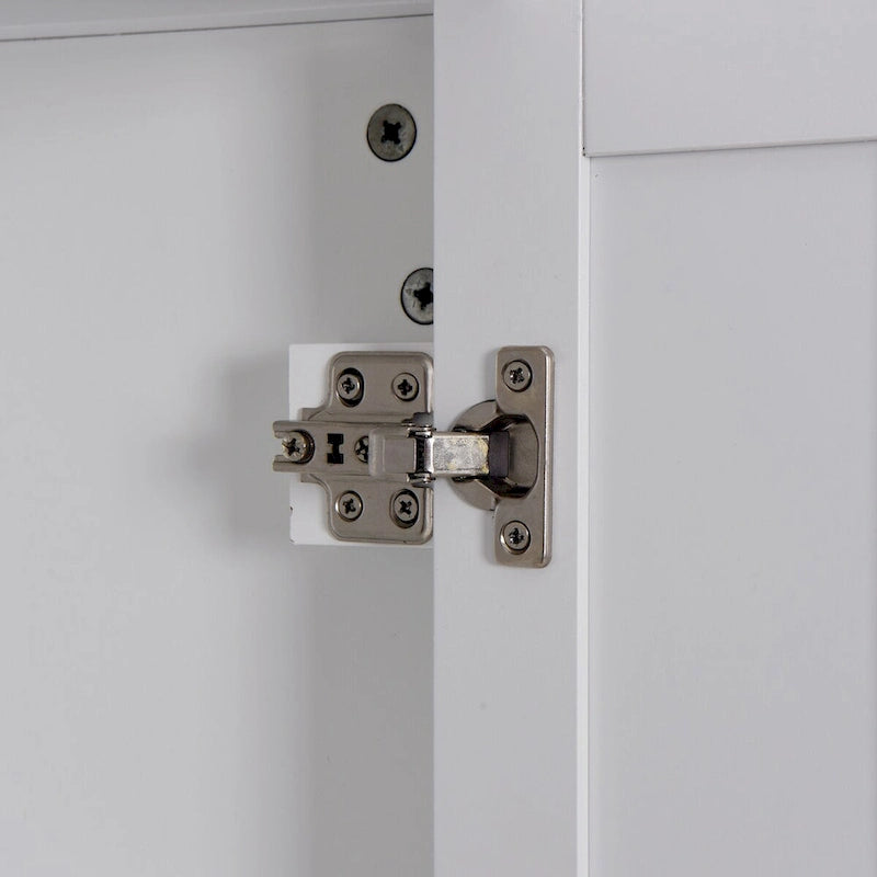 Freestanding White Wood Bathroom Storage Cabinet with Open Shelves and Doors