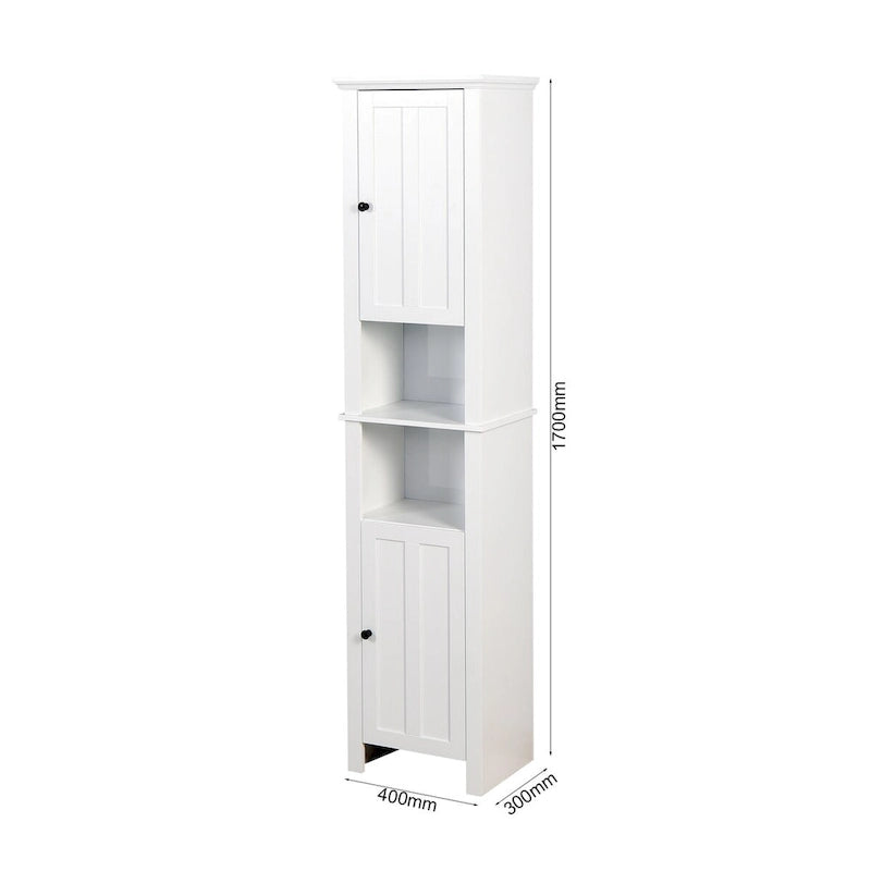 Freestanding White Wood Bathroom Storage Cabinet with Open Shelves and Doors