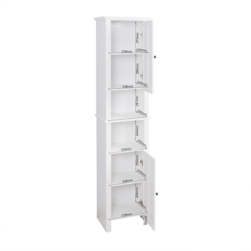 Freestanding White Wood Bathroom Storage Cabinet with Open Shelves and Doors