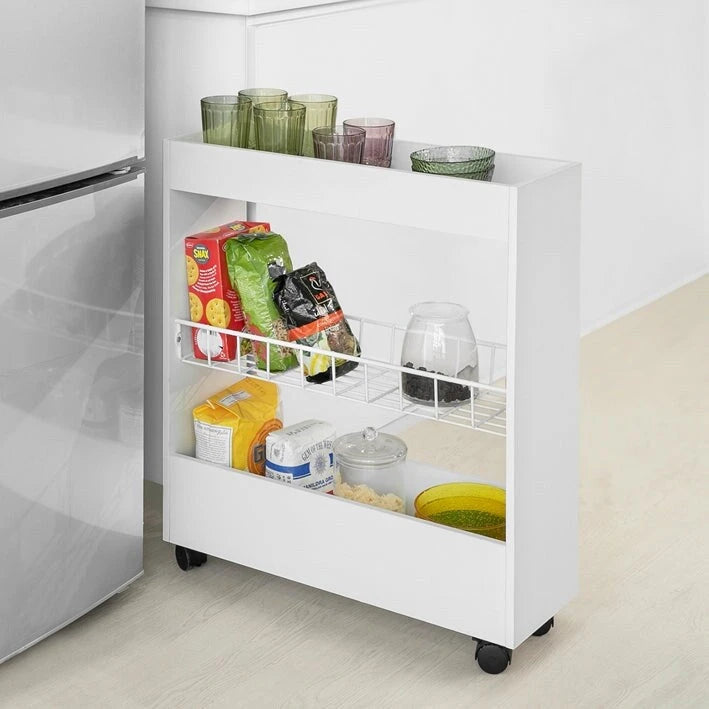 3-Tier Slim Rolling Storage Cart with Swivel Casters, White & Natural