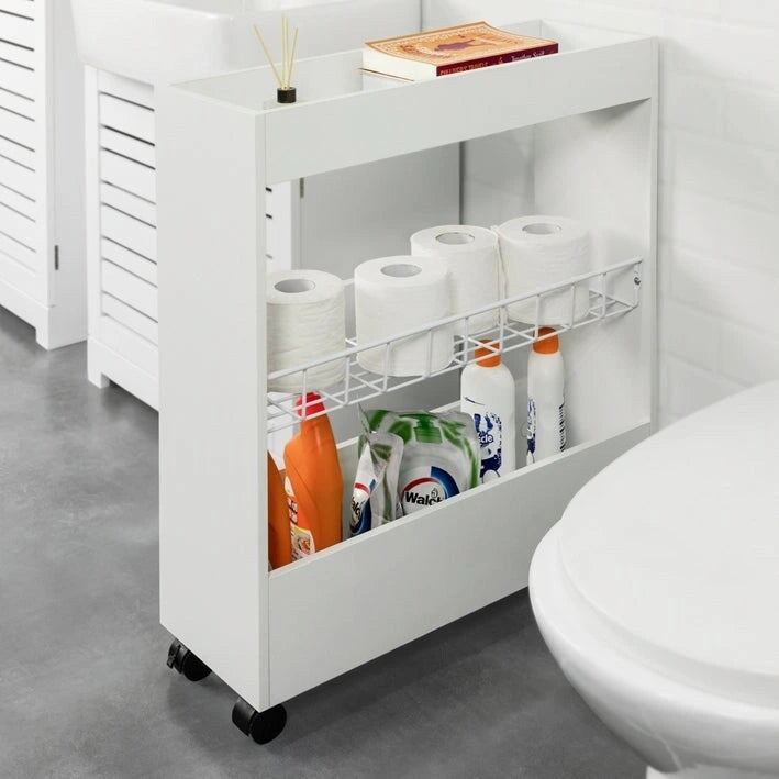 3-Tier Slim Rolling Storage Cart with Swivel Casters, White & Natural