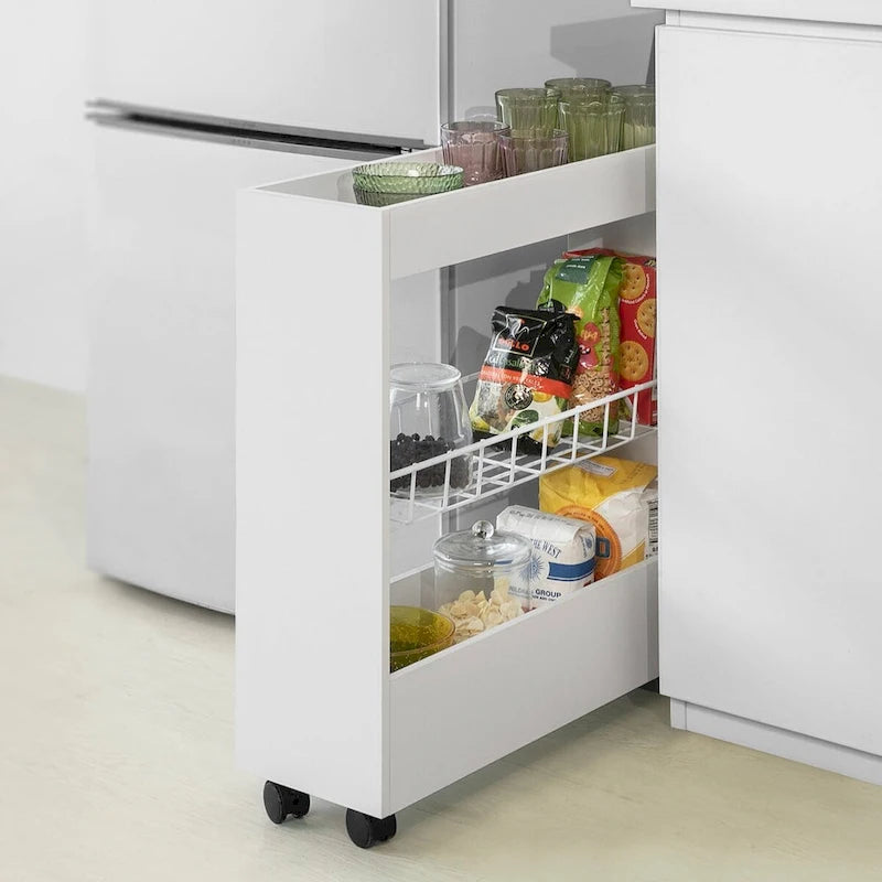 3-Tier Slim Rolling Storage Cart with Swivel Casters, White & Natural