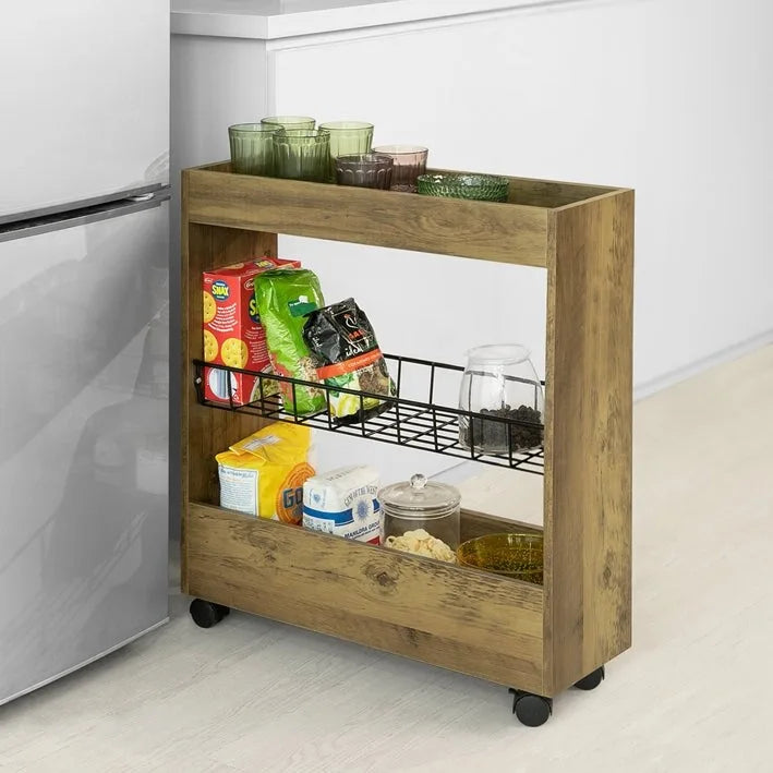 3-Tier Slim Rolling Storage Cart with Swivel Casters, White & Natural