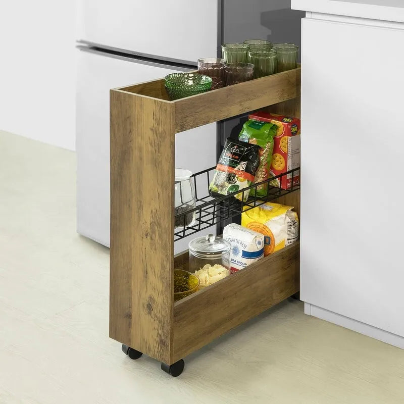 3-Tier Slim Rolling Storage Cart with Swivel Casters, White & Natural