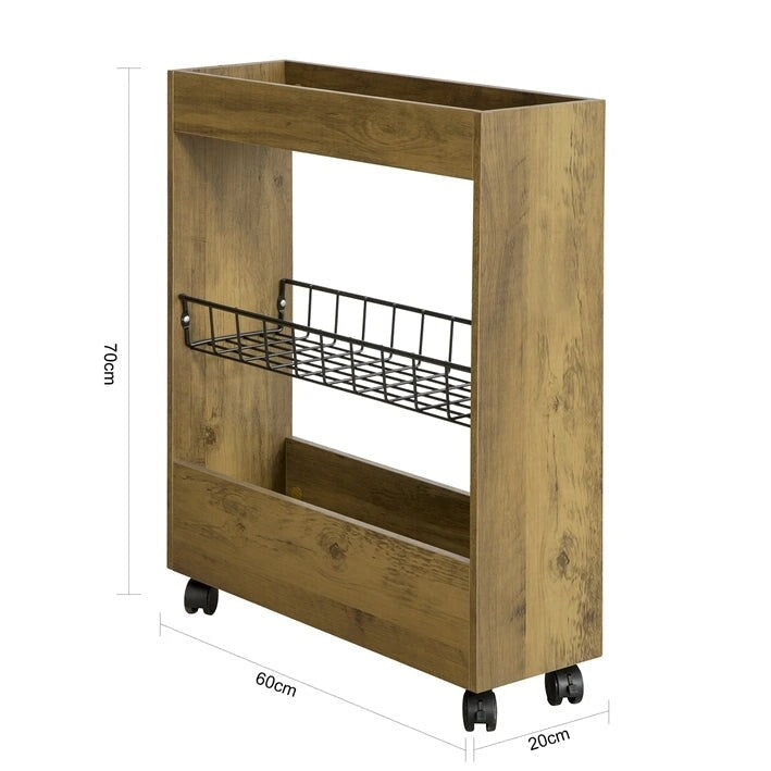 3-Tier Slim Rolling Storage Cart with Swivel Casters, White & Natural