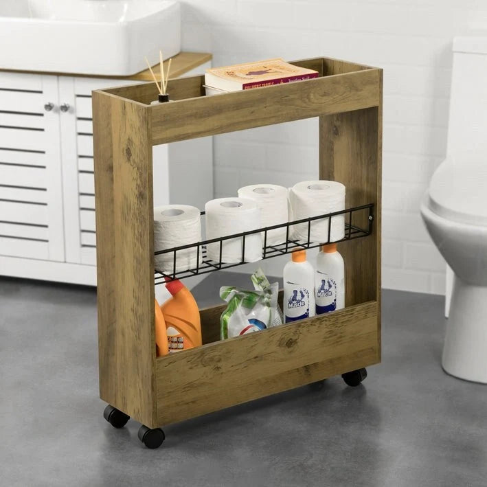 3-Tier Slim Rolling Storage Cart with Swivel Casters, White & Natural
