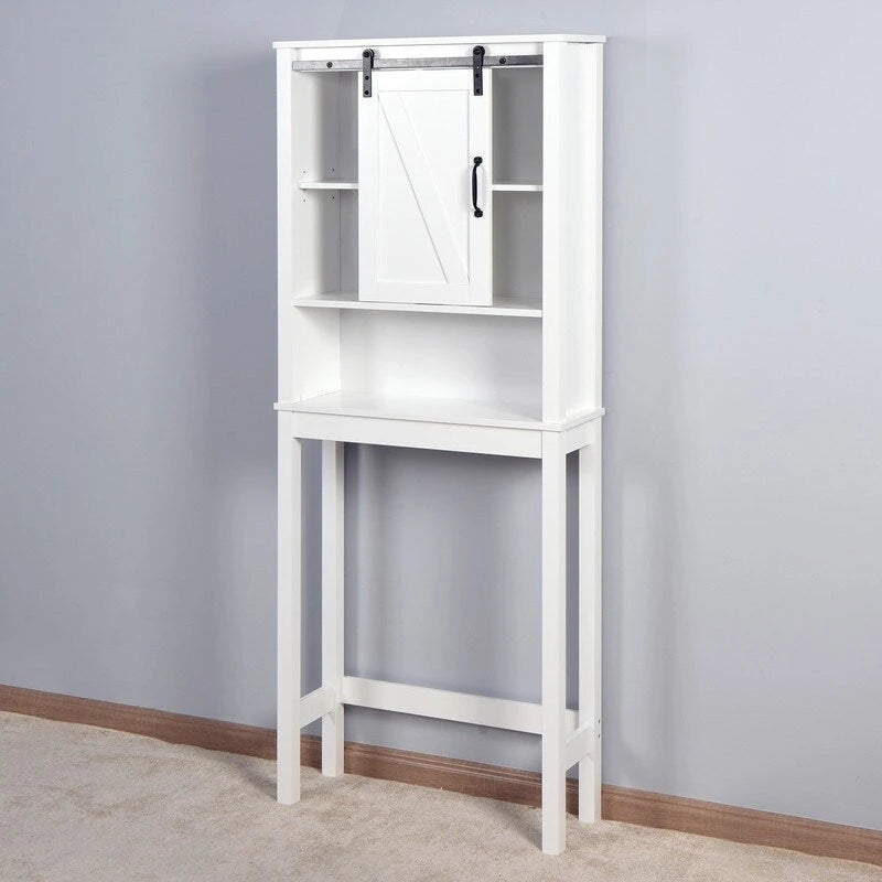 White Over-Toilet Storage Cabinet with Sliding Barn Door and Open Shelves