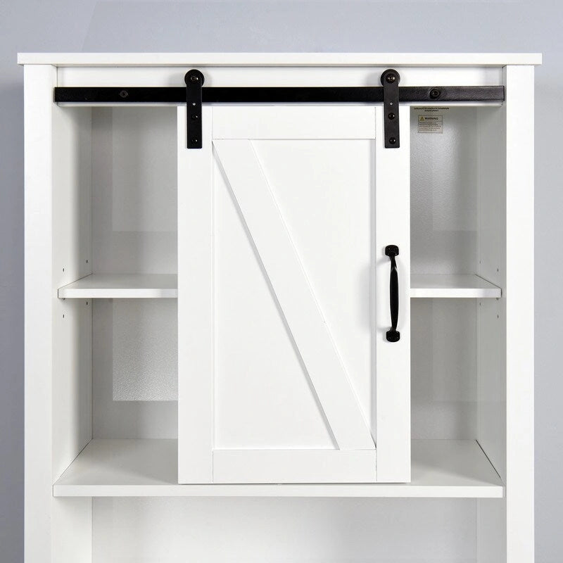 White Over-Toilet Storage Cabinet with Sliding Barn Door and Open Shelves