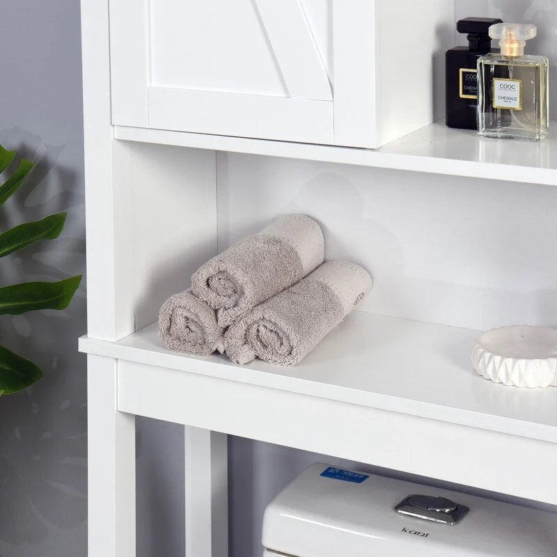 White Over-Toilet Storage Cabinet with Sliding Barn Door and Open Shelves