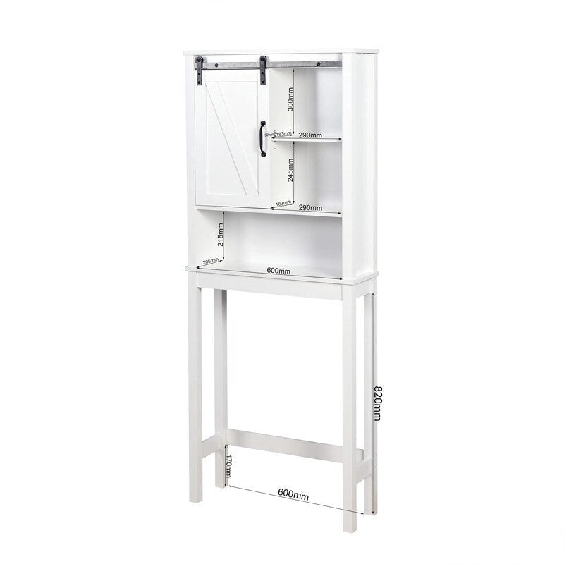 White Over-Toilet Storage Cabinet with Sliding Barn Door and Open Shelves