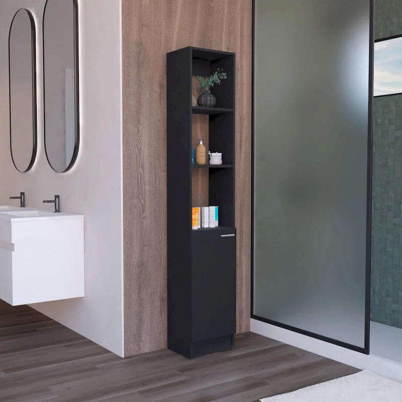 Tall Bathroom Storage Cabinet with Open Shelves and Single Door, Black or White