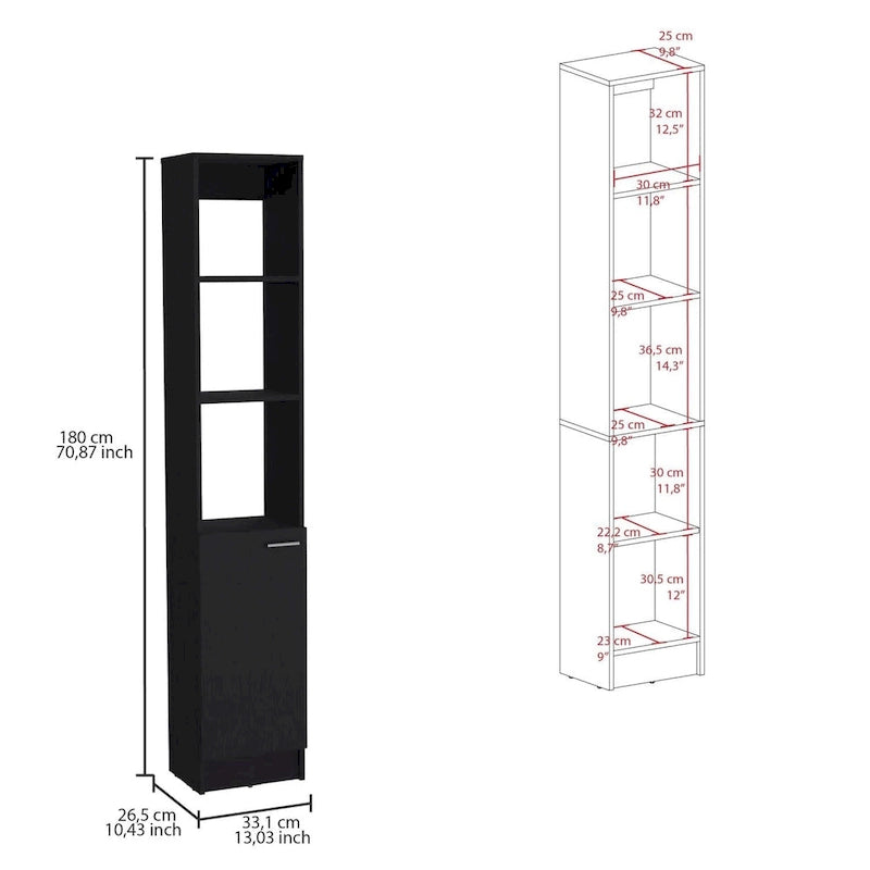 Tall Bathroom Storage Cabinet with Open Shelves and Single Door, Black or White