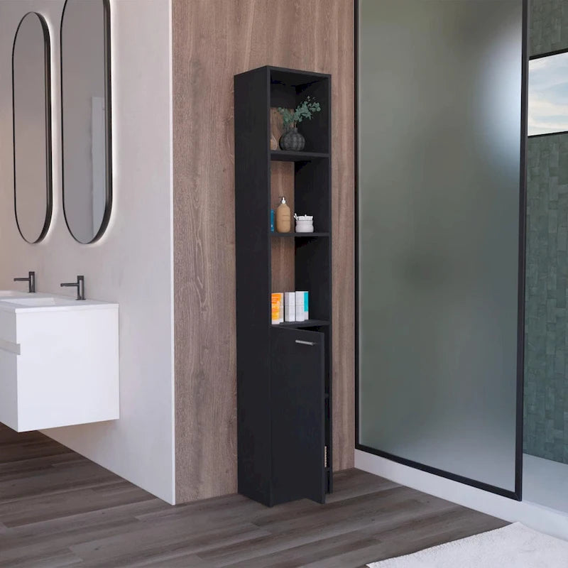 Tall Bathroom Storage Cabinet with Open Shelves and Single Door, Black or White