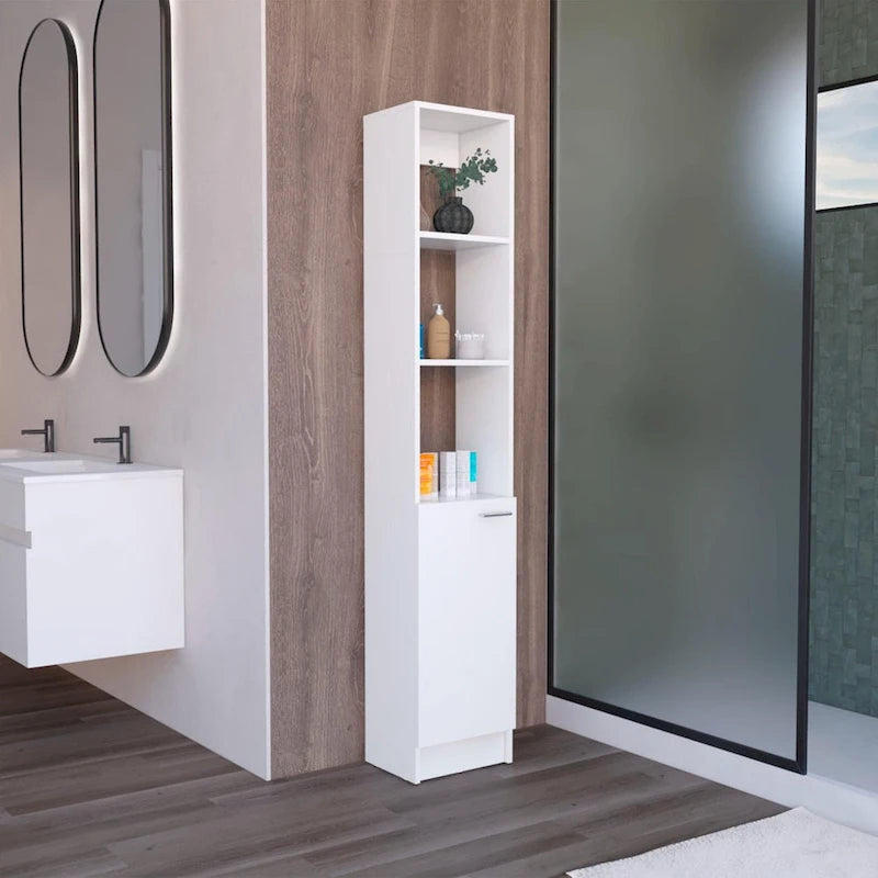 Tall Bathroom Storage Cabinet with Open Shelves and Single Door, Black or White