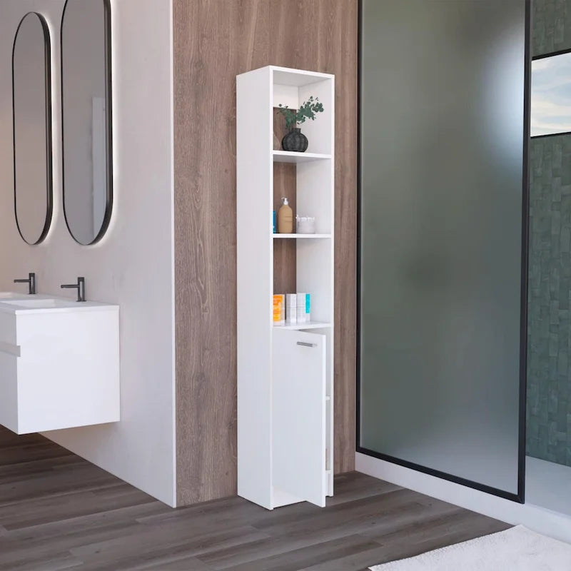 Tall Bathroom Storage Cabinet with Open Shelves and Single Door, Black or White