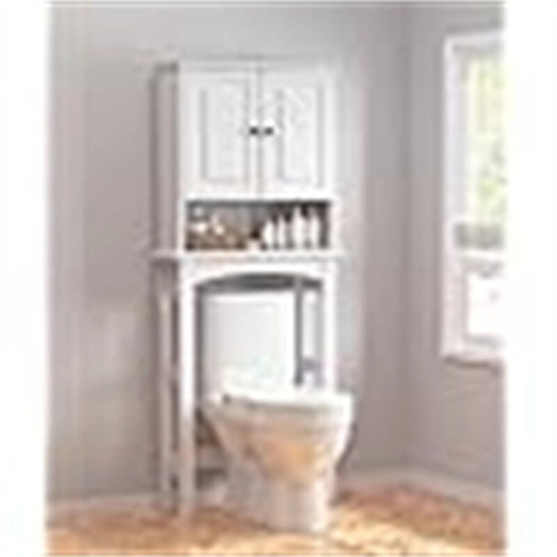 Over-the-Toilet Storage Cabinet with Double Door and Open Shelf in White Wood Finish