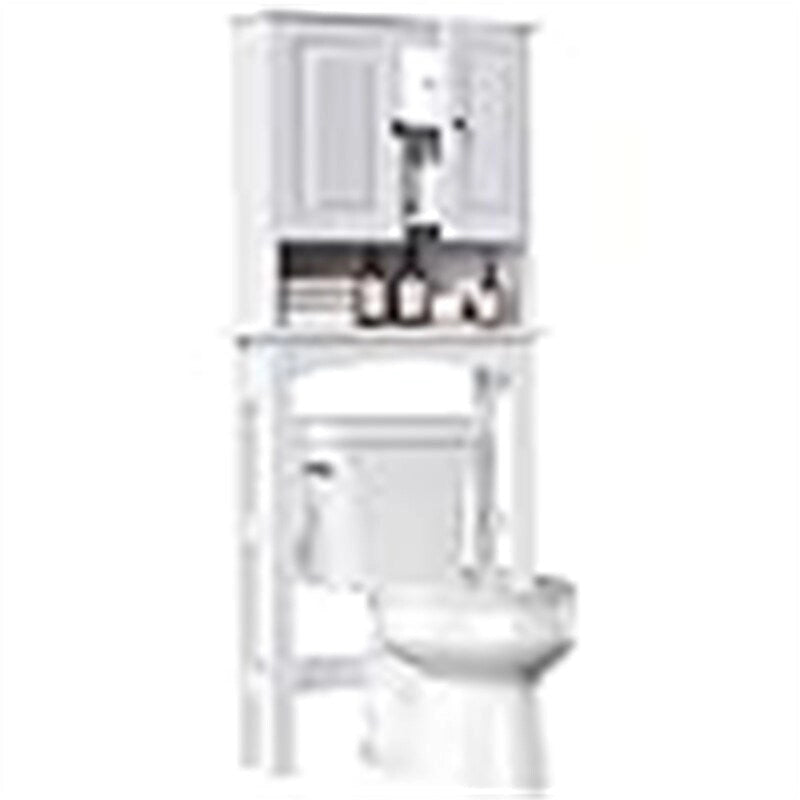 Over-the-Toilet Storage Cabinet with Double Door and Open Shelf in White Wood Finish
