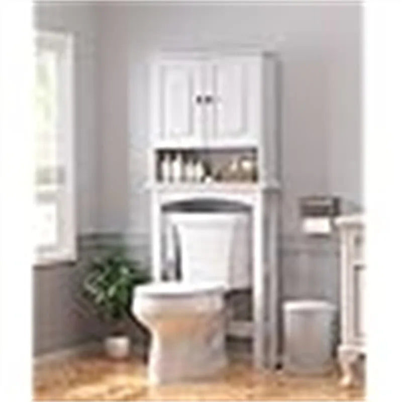 Over-the-Toilet Storage Cabinet with Double Door and Open Shelf in White Wood Finish