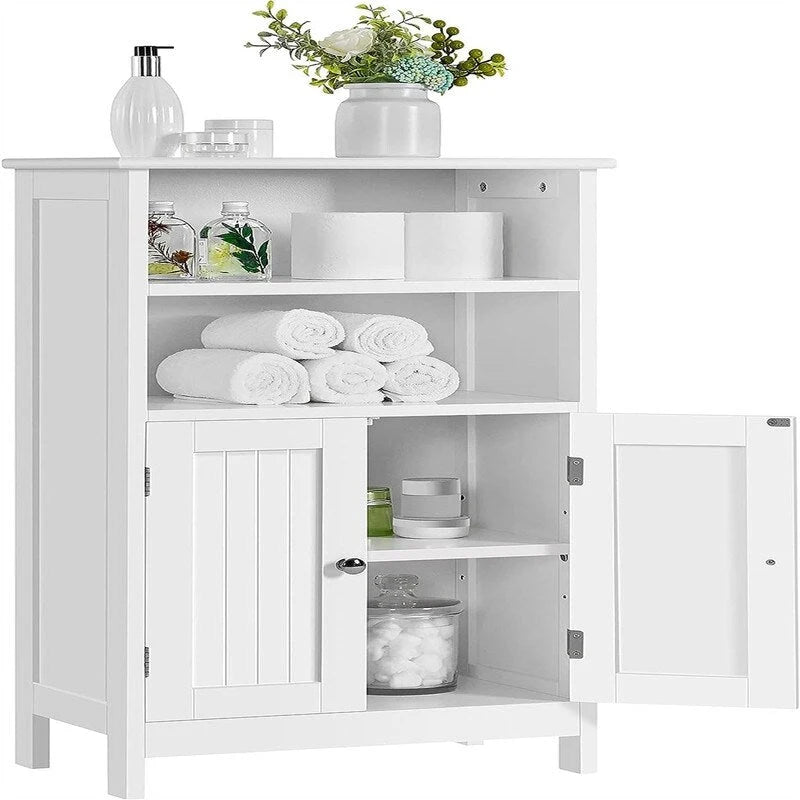 Free-Standing Floor Storage Cabinet with Double Doors Open Shelves White Wood Finish