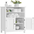 Free-Standing Floor Storage Cabinet with Double Doors Open Shelves White Wood Finish