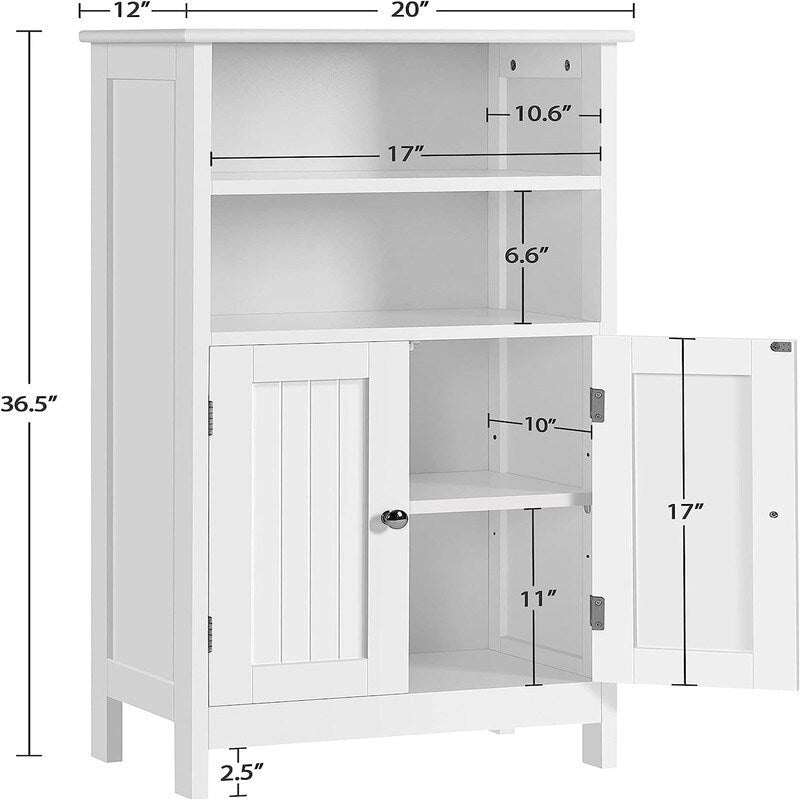 Free-Standing Floor Storage Cabinet with Double Doors Open Shelves White Wood Finish