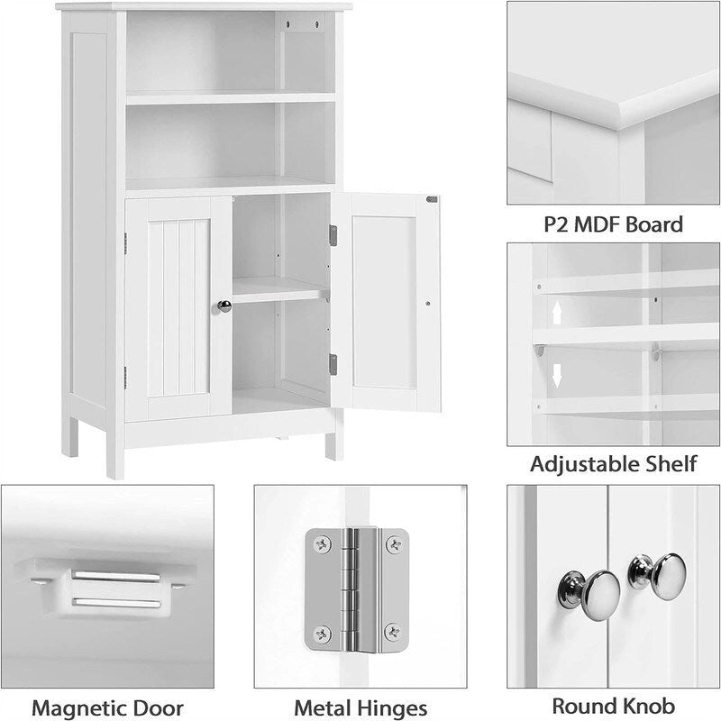 Free-Standing Floor Storage Cabinet with Double Doors Open Shelves White Wood Finish