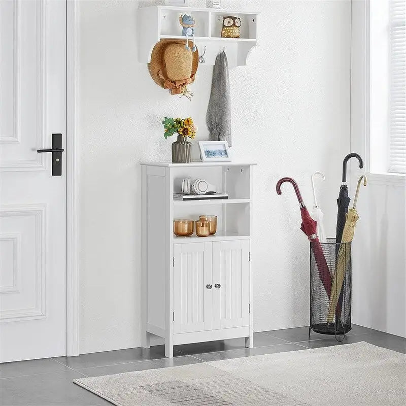 Free-Standing Floor Storage Cabinet with Double Doors Open Shelves White Wood Finish