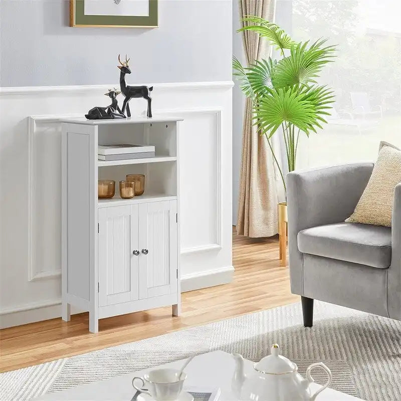 Free-Standing Floor Storage Cabinet with Double Doors Open Shelves White Wood Finish