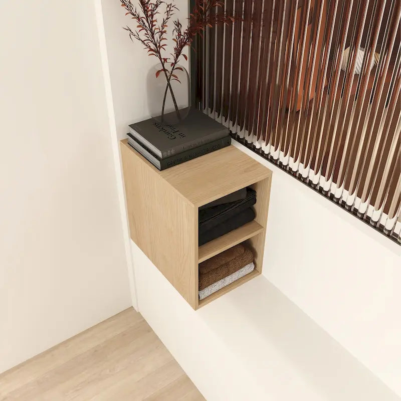 Wall Mounted Two-Tier Storage Shelf, Open Floating Shelves, Light Oak Finish, Bathroom Organizer