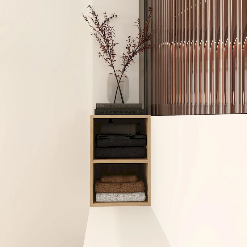 Wall Mounted Two-Tier Storage Shelf, Open Floating Shelves, Light Oak Finish, Bathroom Organizer