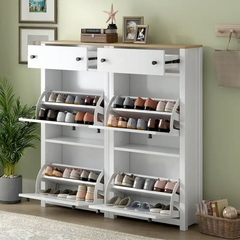 White Wood Grain Top Flip Drawer Shoe Cabinet with Adjustable Panels