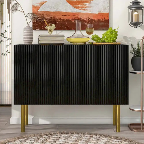 3-Door Sideboard Cabinet with Gold Metal Legs and Fluted Panels, Black or White