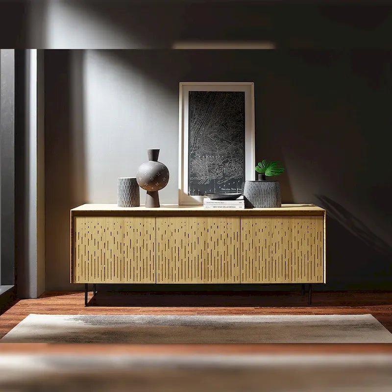 Modern Bamboo Console Sideboard with Laser-Cut Doors, Caviar & Wheat