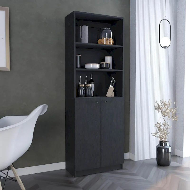 Black Tall Bookcase with Double Door Cabinet and Open Shelves