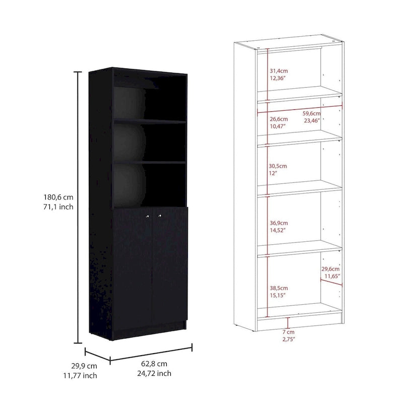 Black Tall Bookcase with Double Door Cabinet and Open Shelves