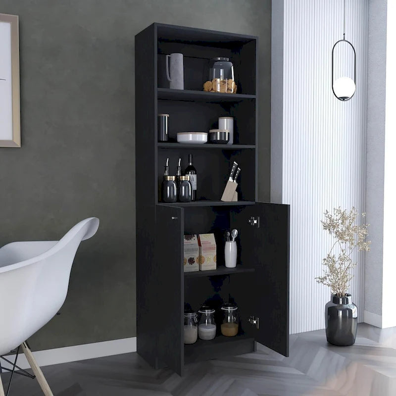 Black Tall Bookcase with Double Door Cabinet and Open Shelves
