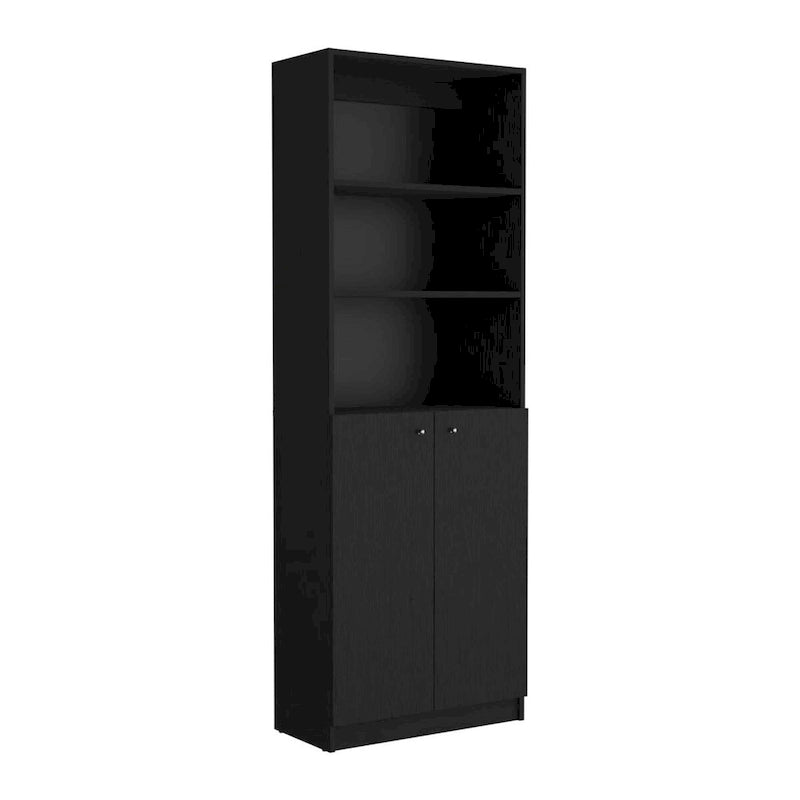 Black Tall Bookcase with Double Door Cabinet and Open Shelves