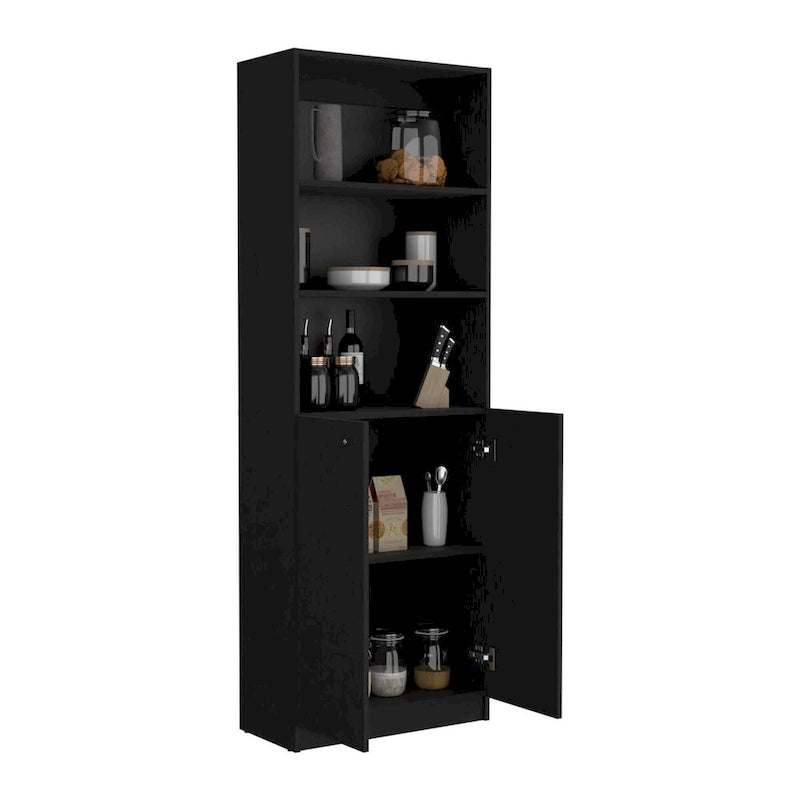 Black Tall Bookcase with Double Door Cabinet and Open Shelves